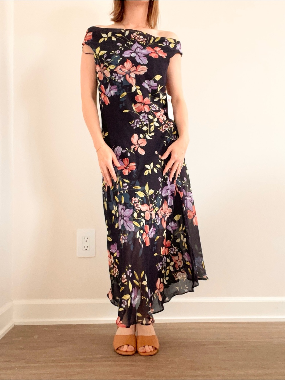 Vintage Off-Shoulder Navy Floral Maxi Dress